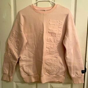 Inferno Dance pink sweatshirt with bubble lettering on front and arm. Size small